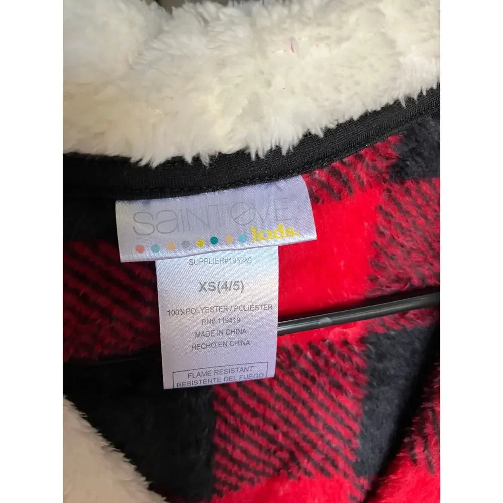 Fleece Long Sleeve Knee Length Robe, Color: Red Plaid Size XS(4/5)